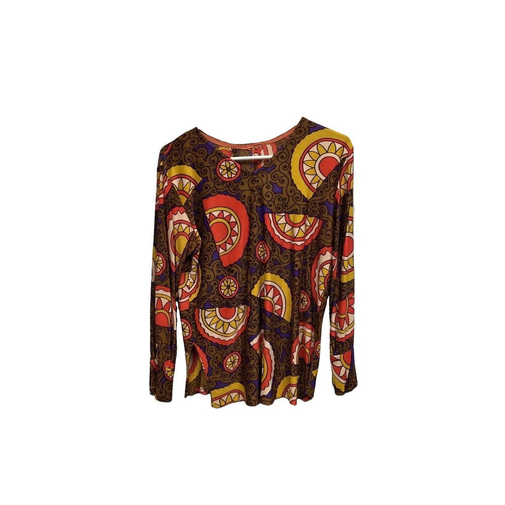 Vintage 60s Groovy Trippy Floral Long Sleeve Blouse V Neck Pullover Buttons M